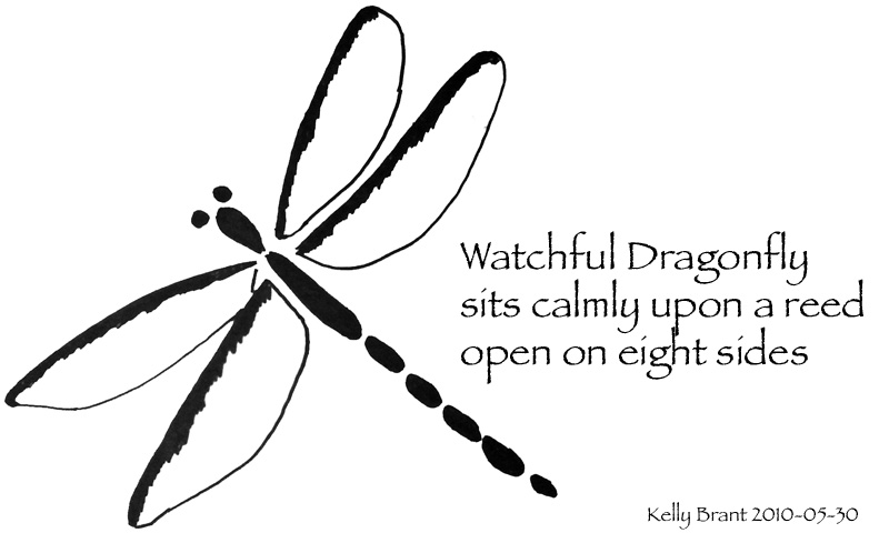 haiku: watchful dragonfly, sits calmly upon a reed, open on eight sides